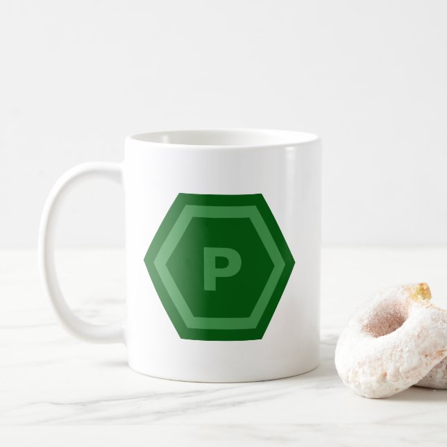 Caneca De Café Monograma de Letra Única Verde Grosseiro em Hexágo (Com Donut)