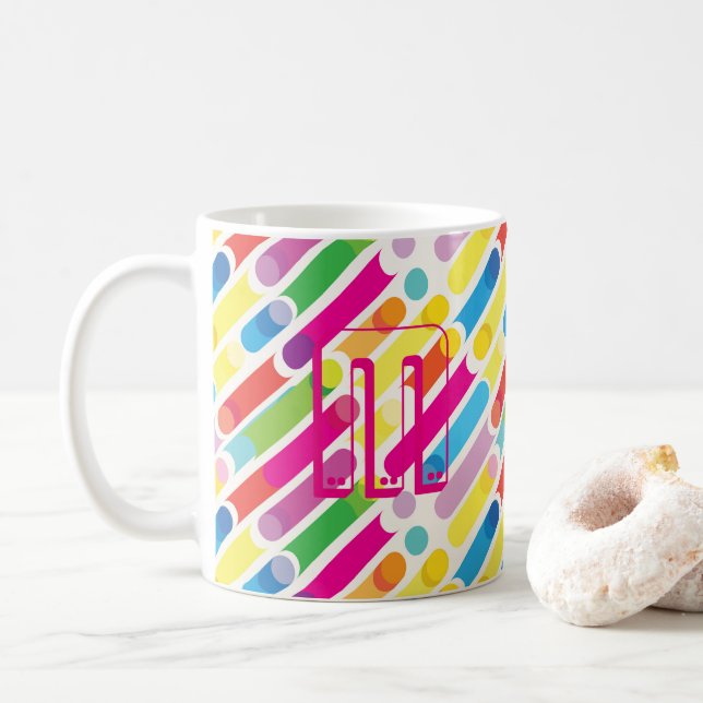Caneca De Café Monograma de Linhas Diagonais do Arco-Íris Pop (Com Donut)