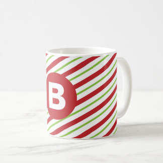 Caneca De Café Monograma de Listras Diagonais Vermelhas e Verdes
