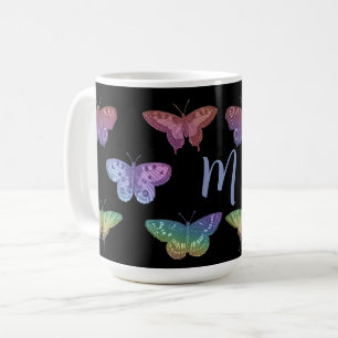Caneca De Café Monograma de mariposas coloridas da safra