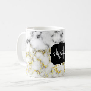 Caneca De Café Monograma de mármore preto e branco do floco da