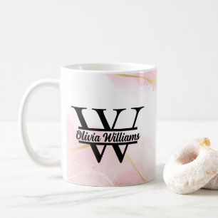 Caneca De Café Monograma de Mármore Rosa Brilho Dourado Moderno