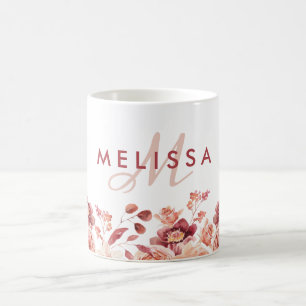 Caneca De Café Monograma de Nome em Aquarela com Flores Burgundy 