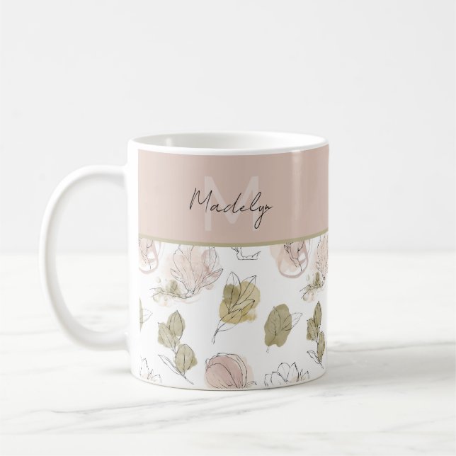 Caneca De Café Monograma de Nome Moderno Floral Feminino (Esquerda)