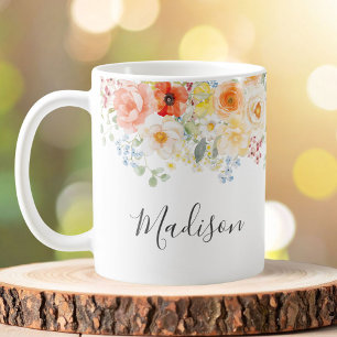 Caneca De Café Monograma de Nome Personalizado Aquarela Floral En
