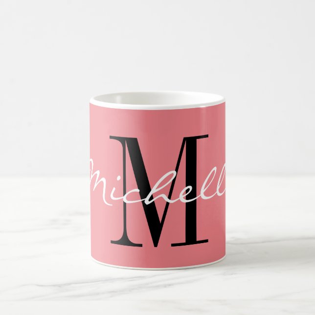 Caneca De Café Monograma de nome personalizado branco e rosa de c (Centro)