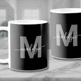 Caneca De Café Monograma de Nome Preto e Branco Personalizado