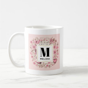 Caneca De Café Monograma de Notas e Flores de Música Estilo Retro