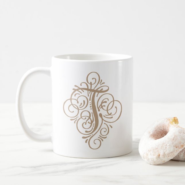 Caneca De Café Monograma de Ornamento com Floreio Personalizado (Com Donut)