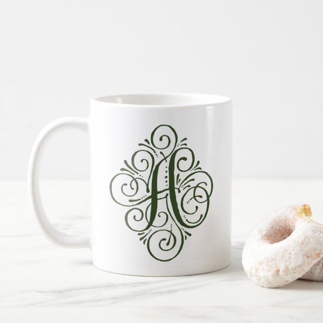 Caneca De Café Monograma de Ornamento Personalizado com Floreio (Com Donut)