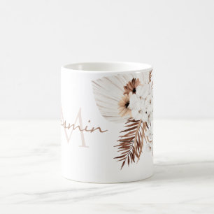 Caneca De Café Monograma de Orquídeas Brancas Rústicas Castanhosa