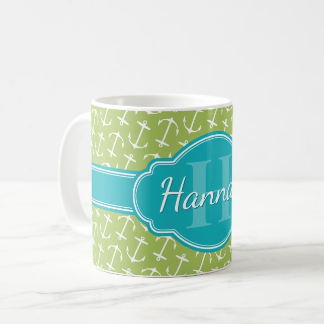 Caneca De Café Monograma de Padrão de Âncora Branco Verde (Frente Esquerda)