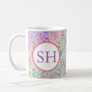 Caneca De Café Monograma de Padrão de Aquarela de Flor de Primave
