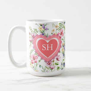 Caneca De Café Monograma de Padrão de Aquarela de Flor Primavera