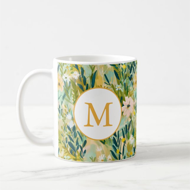Caneca De Café Monograma de Padrão de Aquarela de Flor Verde Colo (Esquerda)