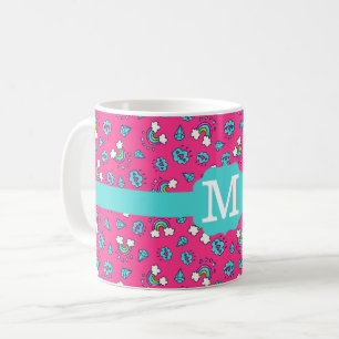 Caneca De Café Monograma de Padrão de Arco-íris Coração e Gemas F