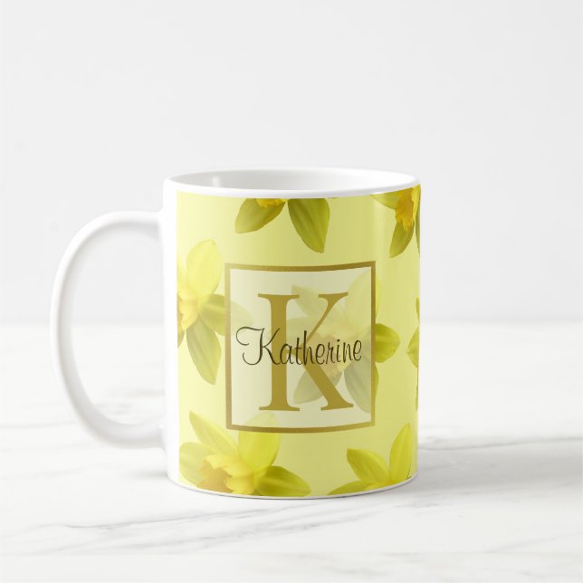 Caneca De Café Monograma de Padrão de Daffodils Amarelos (Esquerda)
