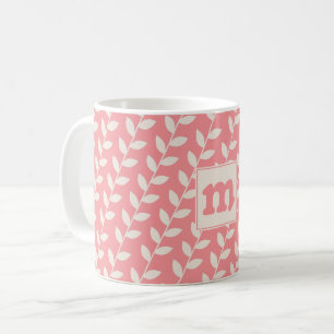 Caneca De Café Monograma de padrão de folha retrô rosa personaliz