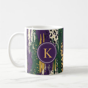 Caneca De Café Monograma de Padrão de Pincéis Dourados Roxos Verd