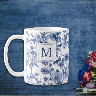 Caneca De Café Monograma de Padrão de Toile de Chinoiserie Azul