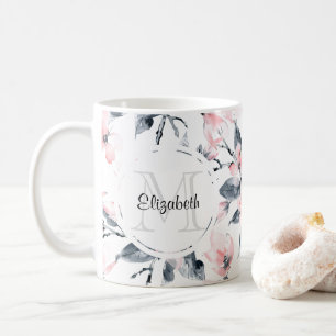 Caneca De Café Monograma de Padrão Flor de Aquarela Rosa e Cinza