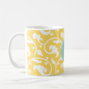 Caneca De Café Monograma de padrão floral amarelo elegante