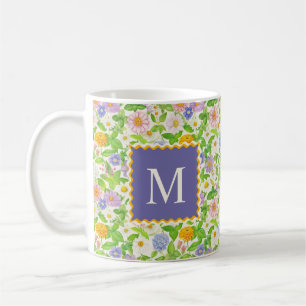 Caneca De Café Monograma de Padrão Floral Colorido de Flores