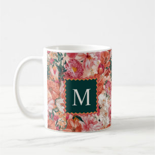 Caneca De Café Monograma de Padrão Floral Cor-de-Rosa Laranja