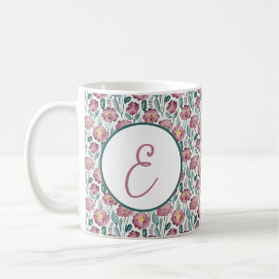 Caneca De Café Monograma de padrão floral em aquarela vermelho pá