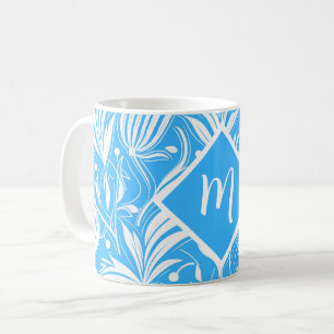 Caneca De Café Monograma de Padrão Floral Tropical Azul