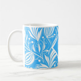 Caneca De Café Monograma de Padrão Floral Tropical Azul