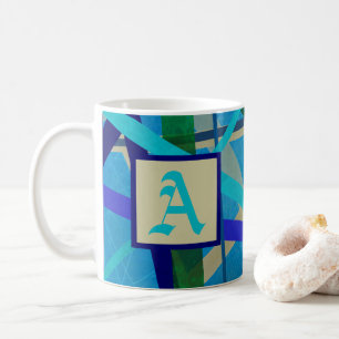 Caneca De Café Monograma de Padrão Geométrico Azul e Verde