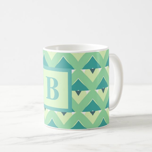 Caneca De Café Monograma de Padrão Geométrico Azul e Verde (Frente Esquerda)