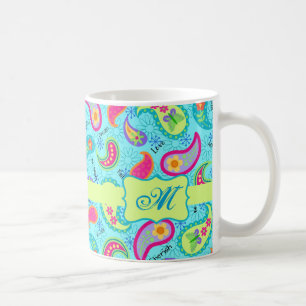 Caneca De Café Monograma de Paisley Verde Verde Turquesa Azul