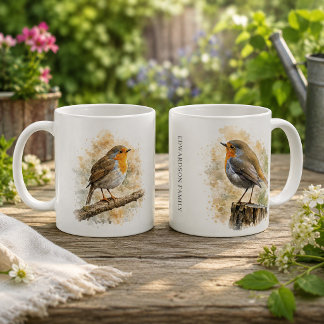 Caneca De Café Monograma de pássaro robin em aquarela fofa