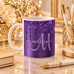 Caneca De Café Monograma de Pincel de Púrpura e Glitter de Pince