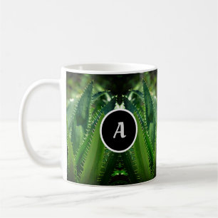 Caneca De Café Monograma de Planta de Folha do Mar Verde