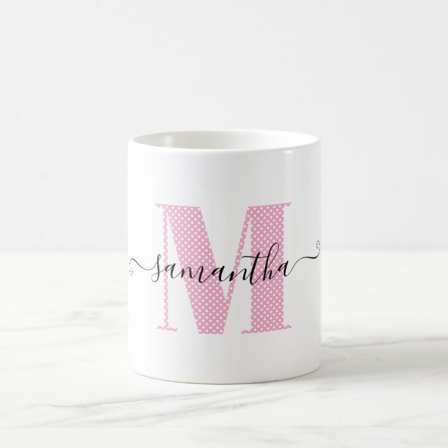 Caneca De Café Monograma de Pontos Polka Rosa Claro e Branco Femi (Centro)