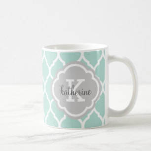 Caneca De Café Monograma de Quatrefoil de Mint e Cinza em Marroco