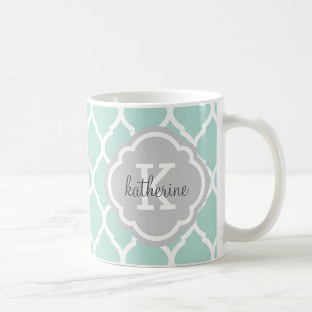 Caneca De Café Monograma de Quatrefoil de Mint e Cinza em Marroco (Direita)