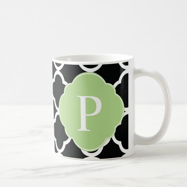Caneca De Café Monograma de Quatrefoil Preto Verde (Direita)