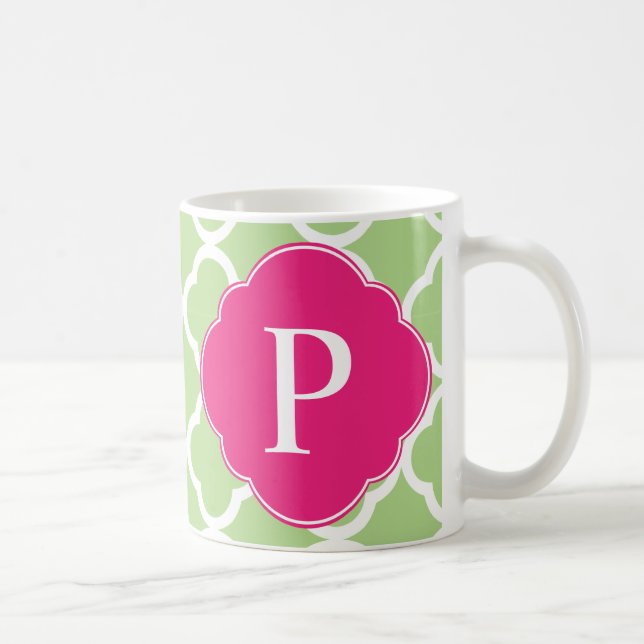 Caneca De Café Monograma de Quatrefoil Rosa Verde (Direita)