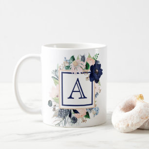 Caneca De Café Monograma de Rosa Floral Azul