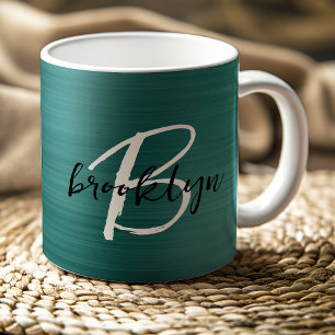 Caneca De Café Monograma de Script Branco Preto com metal escovad