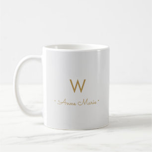 Caneca De Café Monograma de Script Dourado de Cinza Moderna