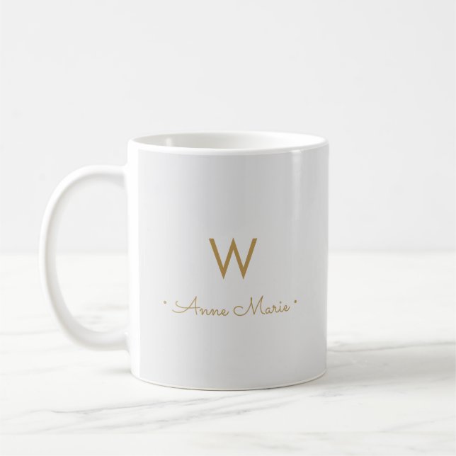 Caneca De Café Monograma de Script Dourado de Cinza Moderna (Esquerda)