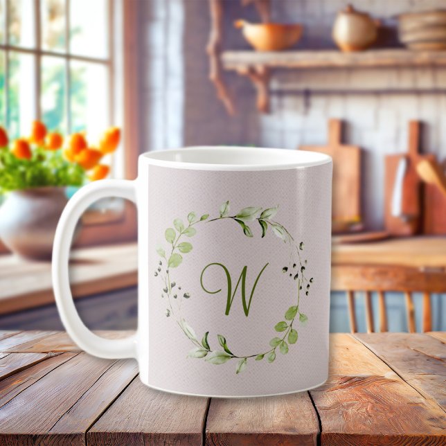 Caneca De Café Monograma de Script Eucalipto Verde e Leaf Wreath (Green Eucalyptus & Leaf Wreath Script Monogram Coffee Mug
)