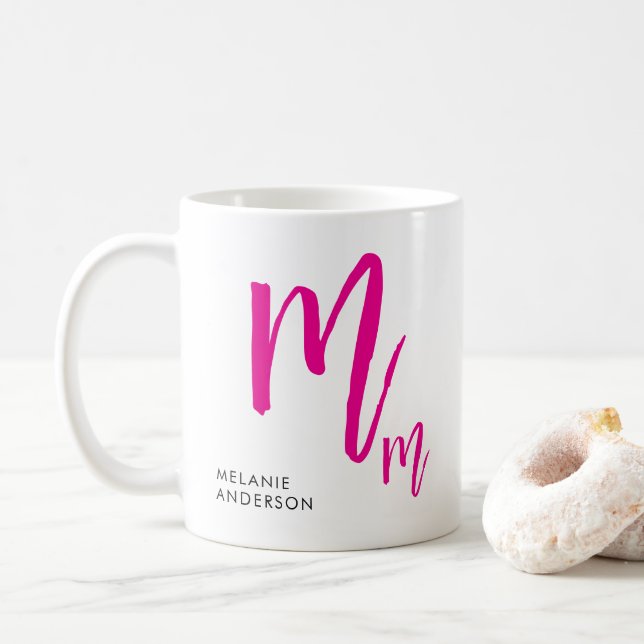 Caneca De Café Monograma de Script Preto e Rosa (Com Donut)