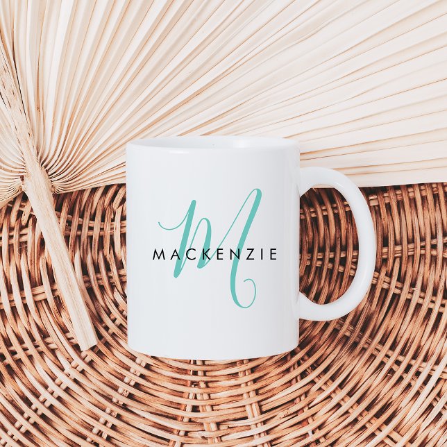 Caneca De Café Monograma de Script Teal Moderno Elegante (Criador carregado)