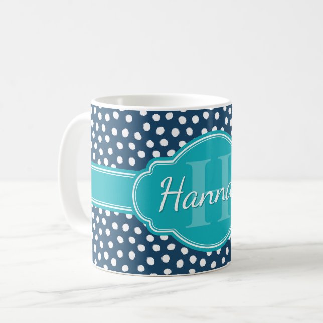 Caneca De Café Monograma de Teal com Padrões Brancos marinhos (Frente Esquerda)